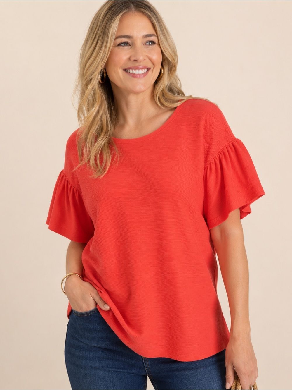 Evri- Women’s Plus Size Flutter Short Sleeve Coral Ribbed Top, Size 1X